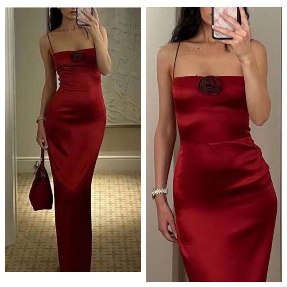 NEW Reformation Frankie Silk Rosette Maxi Dress Red Anthropologie NWT